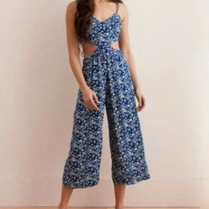 Aerie Blue & White Floral Cut Out Cropped Smocked Jumpsuit - NWT